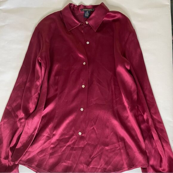 Harold’s Silk long sleeve collar button down shiny blouse top M womens burgundy - Picture 4 of 8